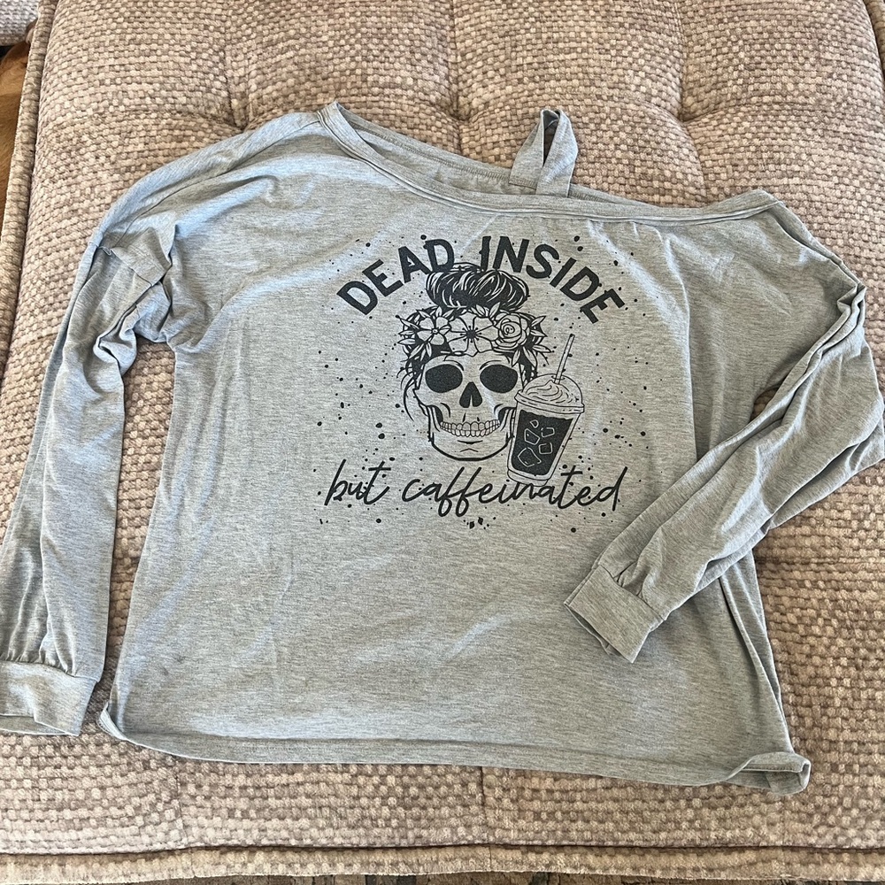 Gray Off-Shoulder Graphic Sweatshirt
